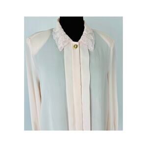 Vintage Sheer Pink Lace Embroidered Collar Shirt Blouse Size 10 Medium Romantic